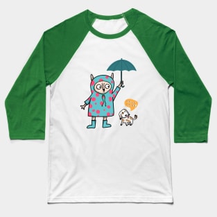 cute-looking monster is holding an umbrella for the dog in the outdoor while heavy rain Baseball T-Shirt